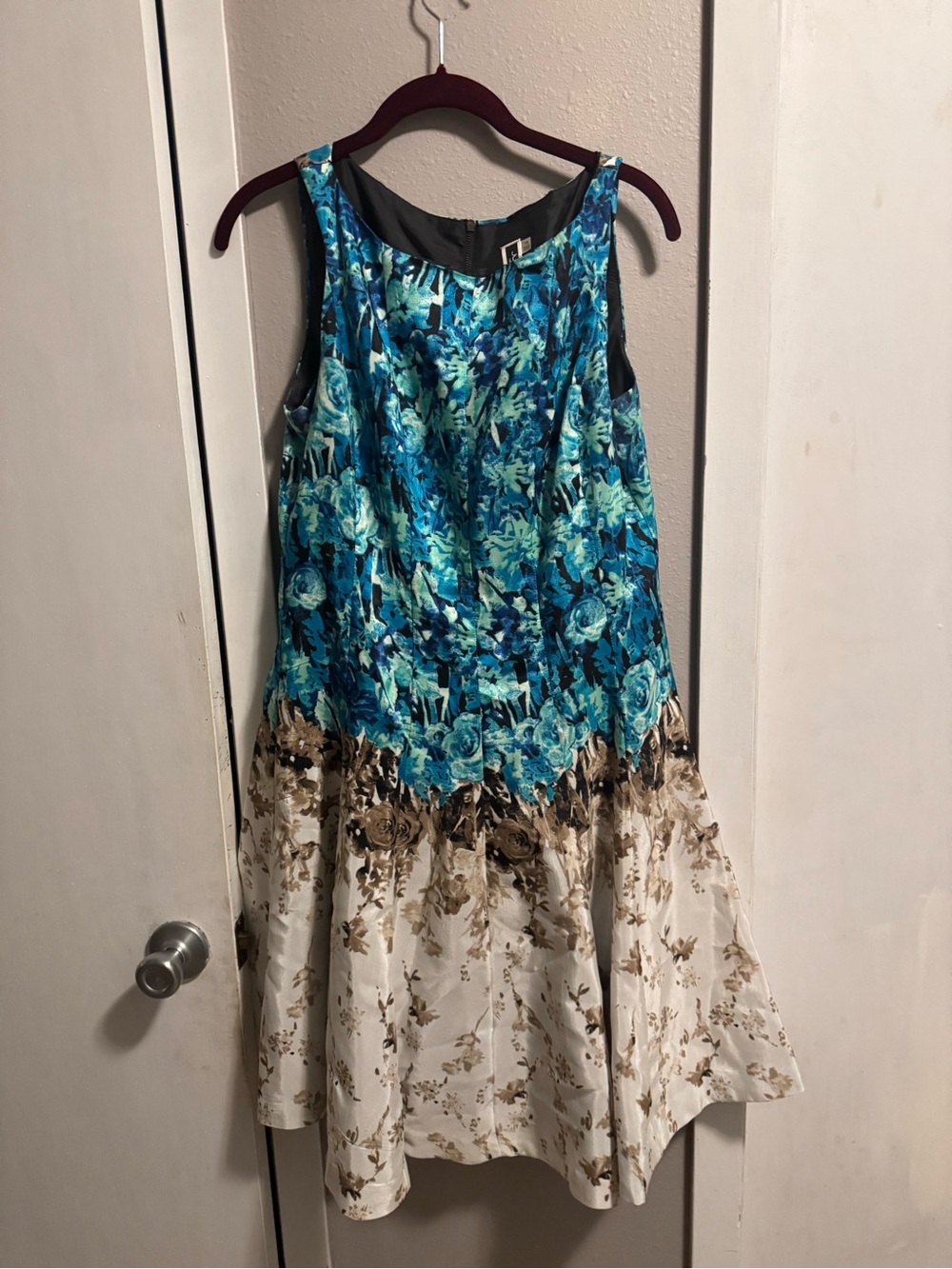 Julian Taylor Blue Floral Fit-and-Flare Dress with Cream Floral Skirt